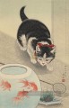 chat et bol de poisson rouge 1933 Ohara KOSON japonais